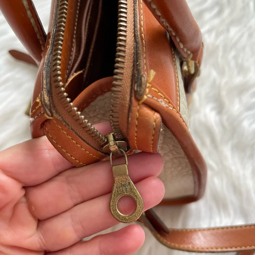 Dooney & Bourke Cream and Tan Pebbled Leather Satchel with Shoulder Strap